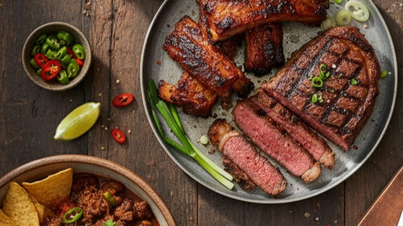 Assorted grilled meats with Secret Spice seasonings on a wooden table.