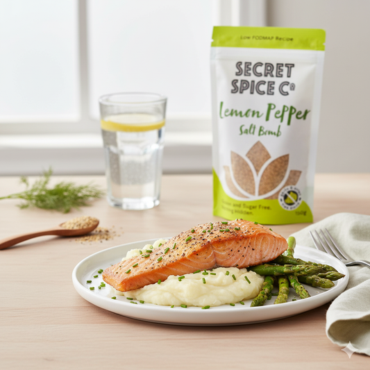 Lemon Pepper Low FODMAP seasoning on fish and vegetables