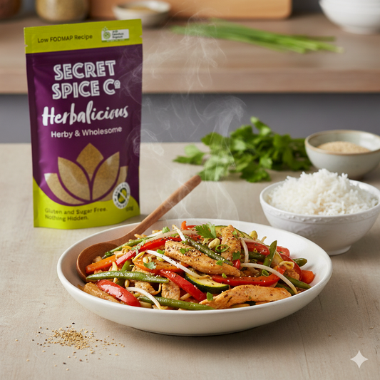 Herbalicious Low FODMAP blend on roast vegetables and pasta