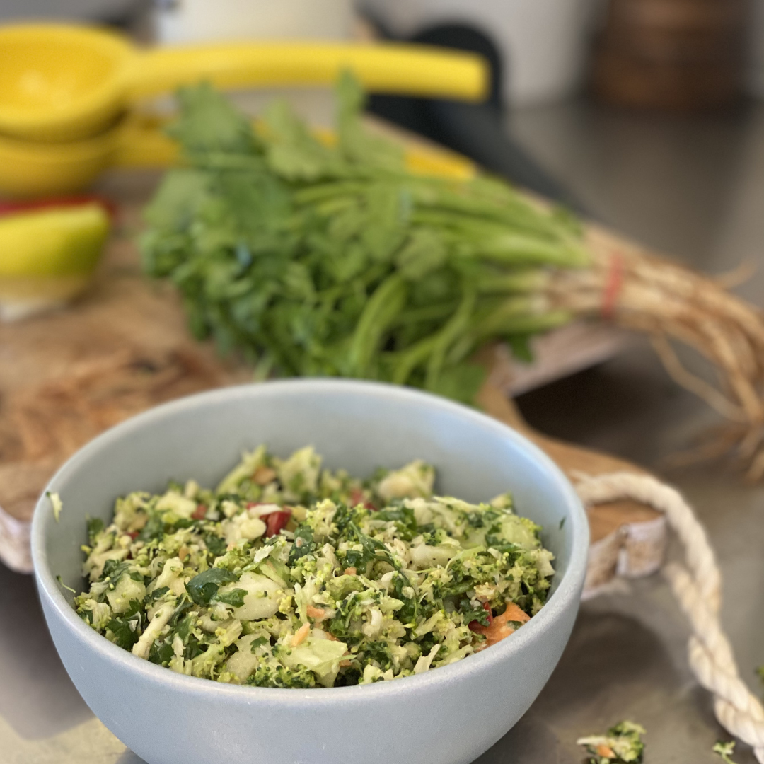 raw broccoli salad with chilli garlic salt