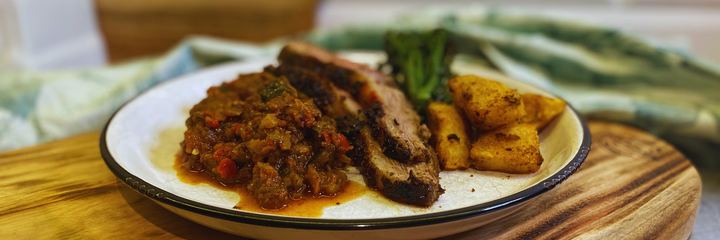 image of moroccan ratatouille with roast lamb