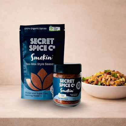 Smokin' Tex-Mex glass jar - Secret Spice Co salt-free certified organic blend