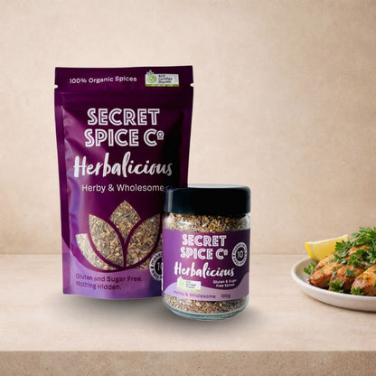 Herbalicious glass jar - Secret Spice Co salt-free certified organic herb blend