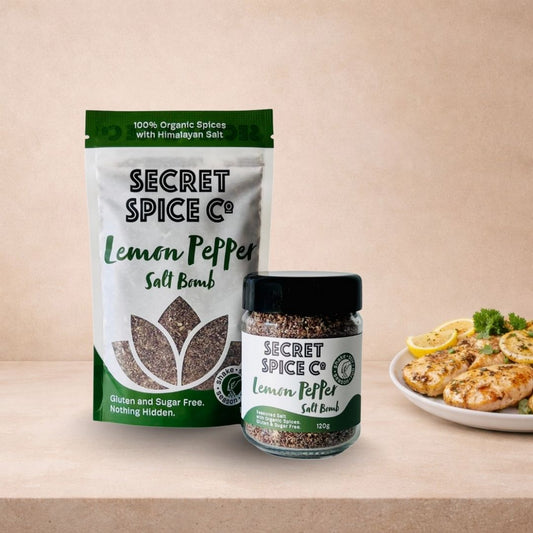 Lemon Pepper Salt Bomb glass jar - Secret Spice Co certified organic spice blend