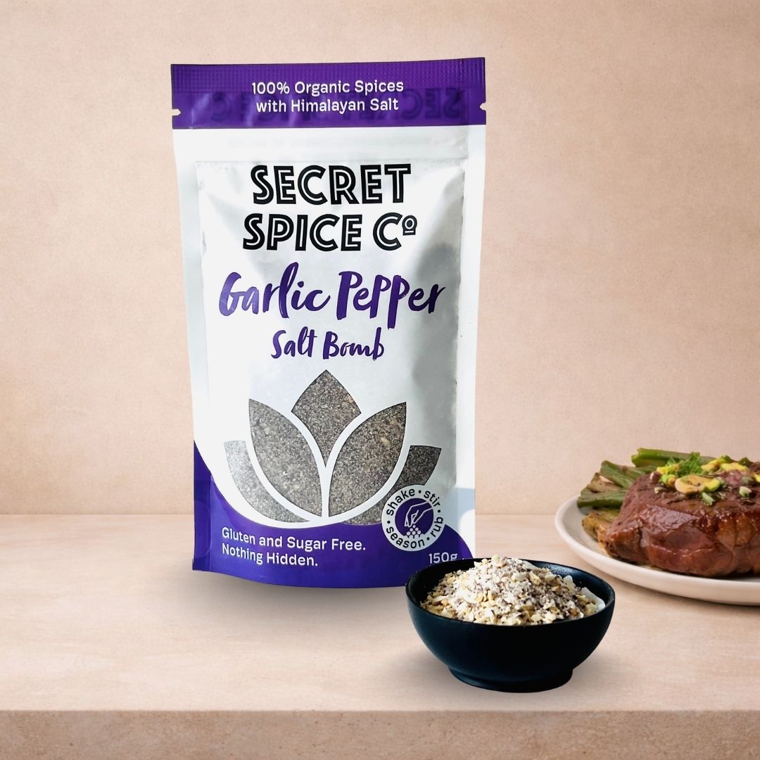 Garlic Pepper Salt Bomb 150g glass jar front view