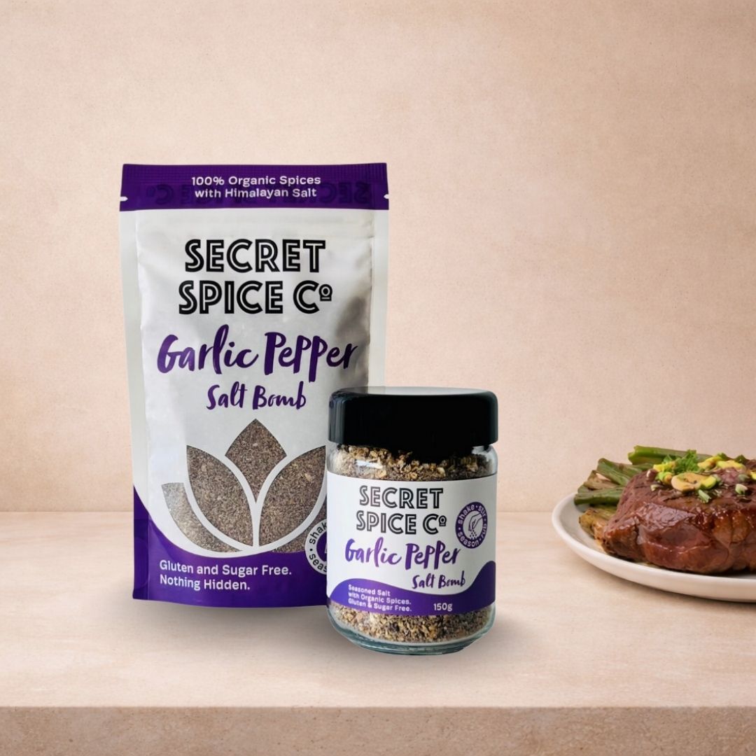 Garlic Pepper Salt Bomb glass jar - Secret Spice Co certified organic spice blend