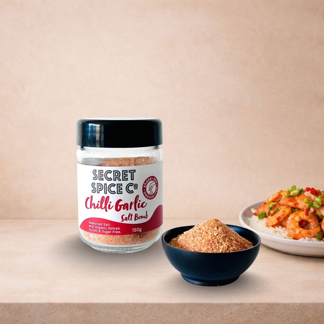 Chilli Garlic Salt Bomb 150g glass jar front view