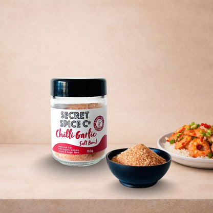 Chilli Garlic Salt Bomb 150g glass jar front view