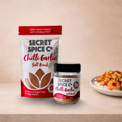 Chilli Garlic Salt Bomb glass jar - Secret Spice Co certified organic spice blend