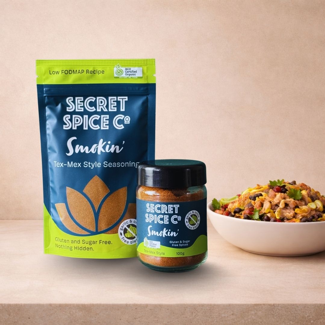Smokin' Low FODMAP glass jar - Secret Spice Co certified organic blend
