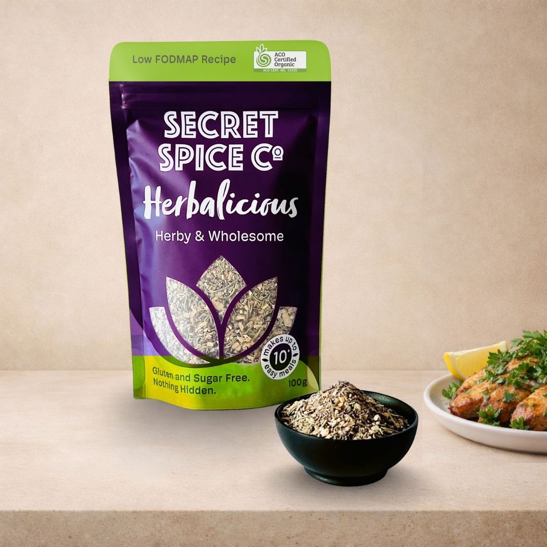 Herbalicious Low FODMAP 100g glass jar front view