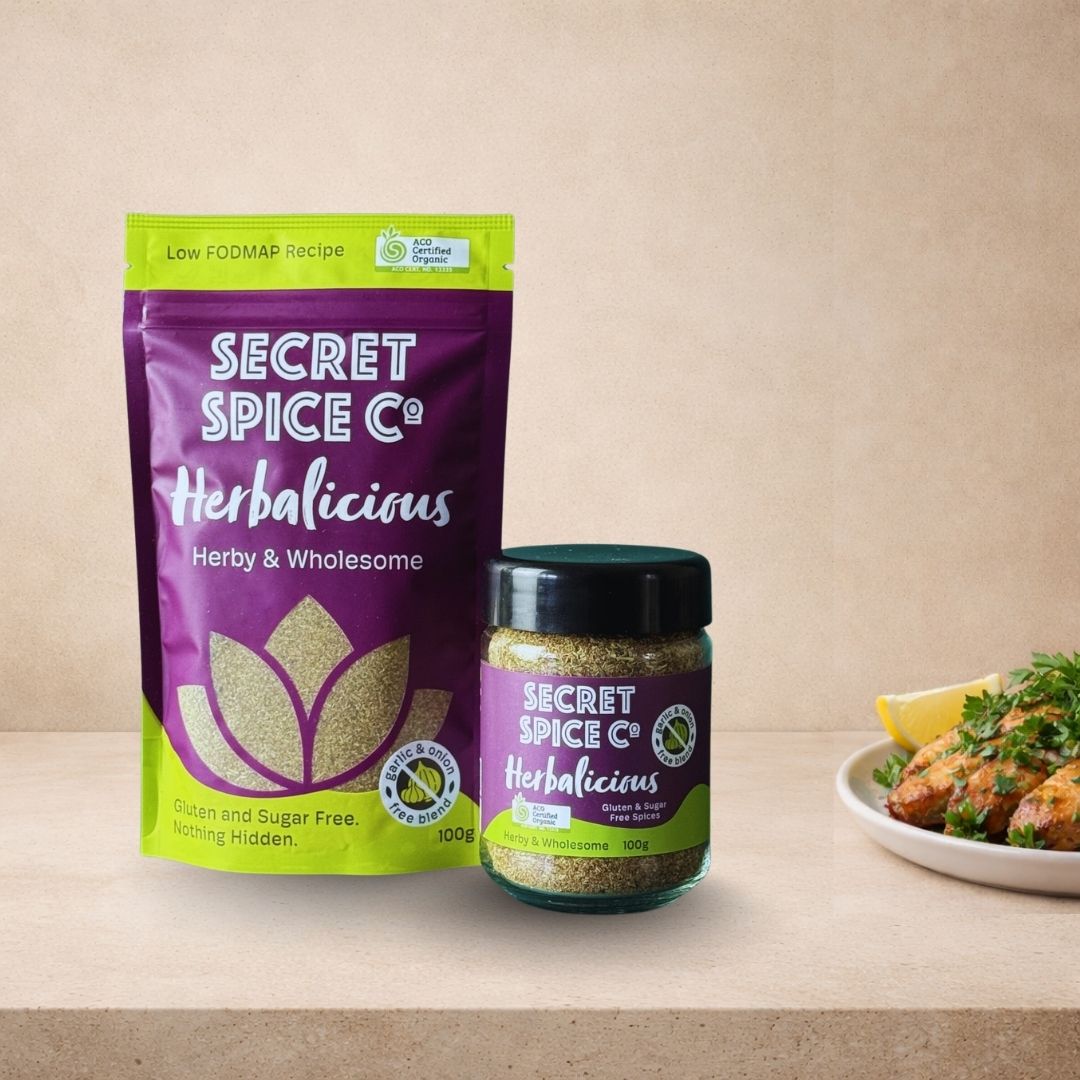 Herbalicious Low FODMAP glass jar - Secret Spice Co certified organic blend
