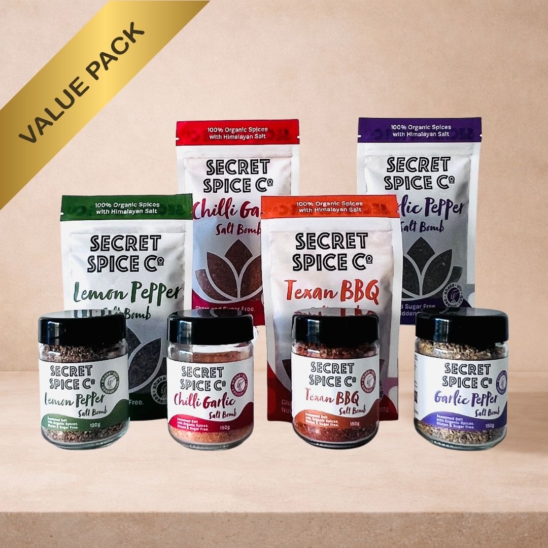 Salt Bomb Bundle - four certified organic salt blends in glass jars by Secret Spice Co