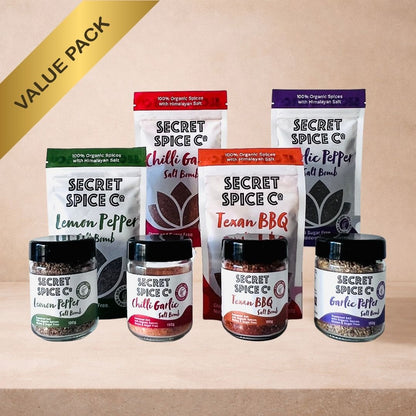Salt Bomb Bundle - four certified organic salt blends in glass jars by Secret Spice Co